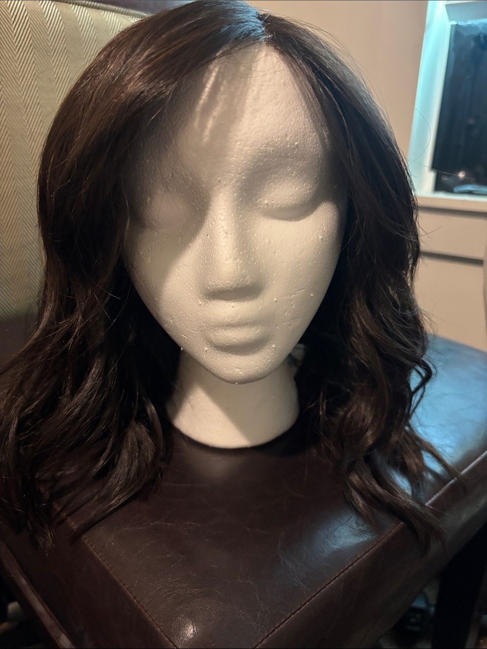 Natural Wavy Shoulder-Length Wig in Dark Brown — Unbranded